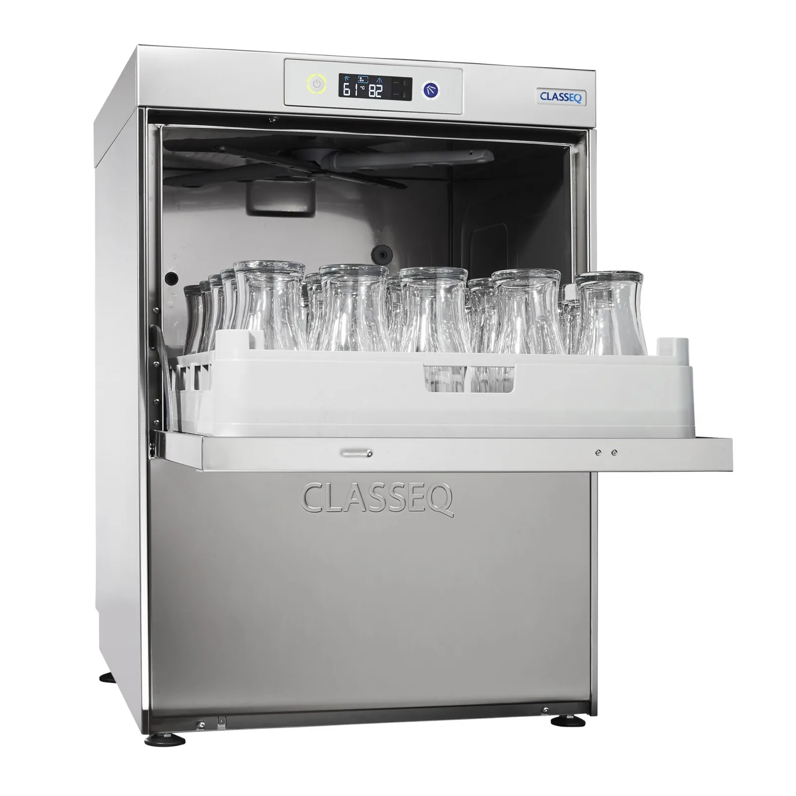 A Classeq GW500 commercial glasswasher with the door open showing its 500mm basket