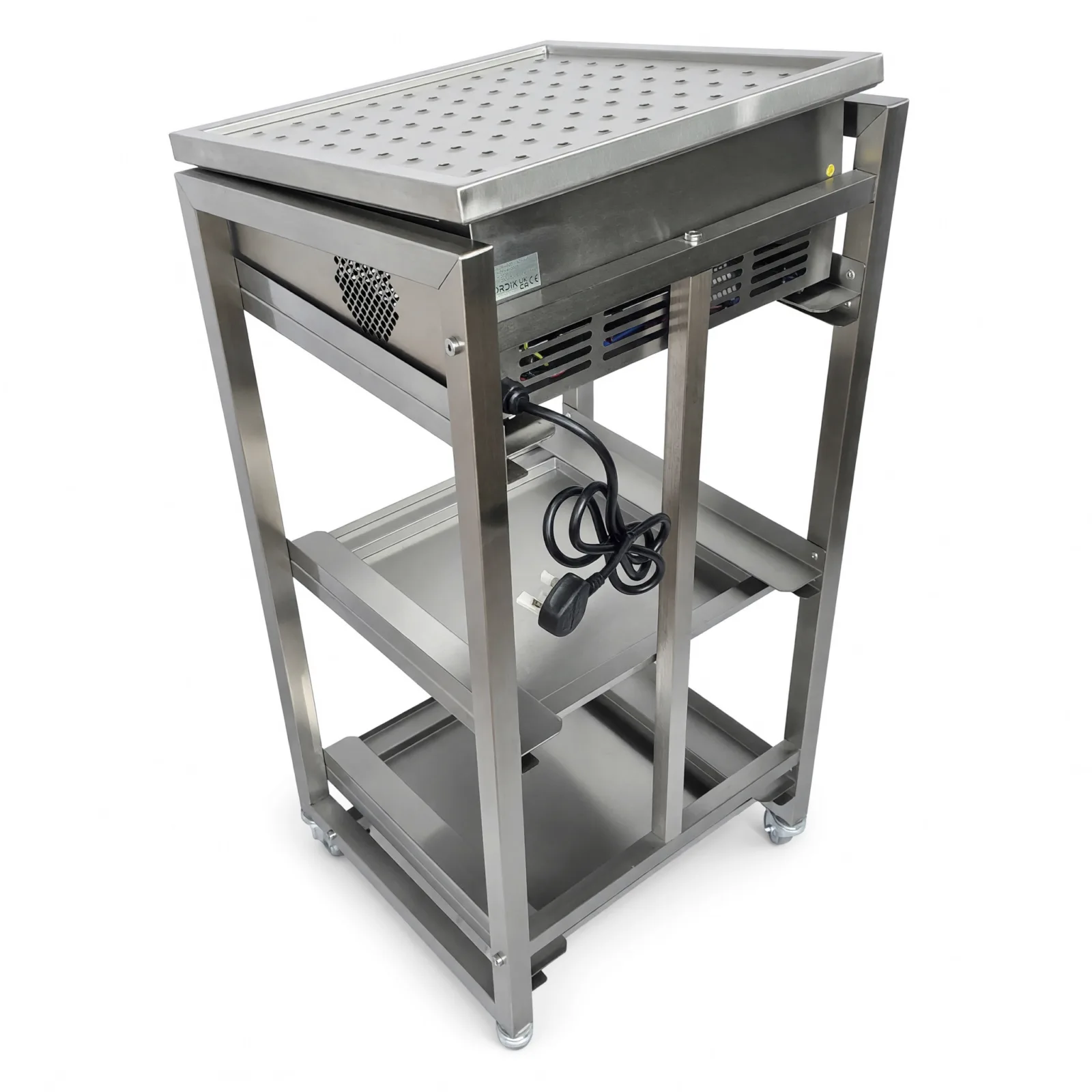 Stainless steel Stand for DriPod 400 Glass Dryer with drip trays angled right rear image
