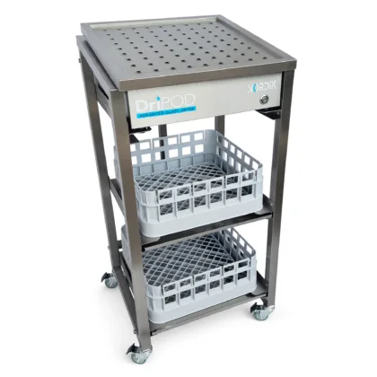 Stainless steel Stand for DriPod 400 Glass Dryer with drip trays and baskets angled right image