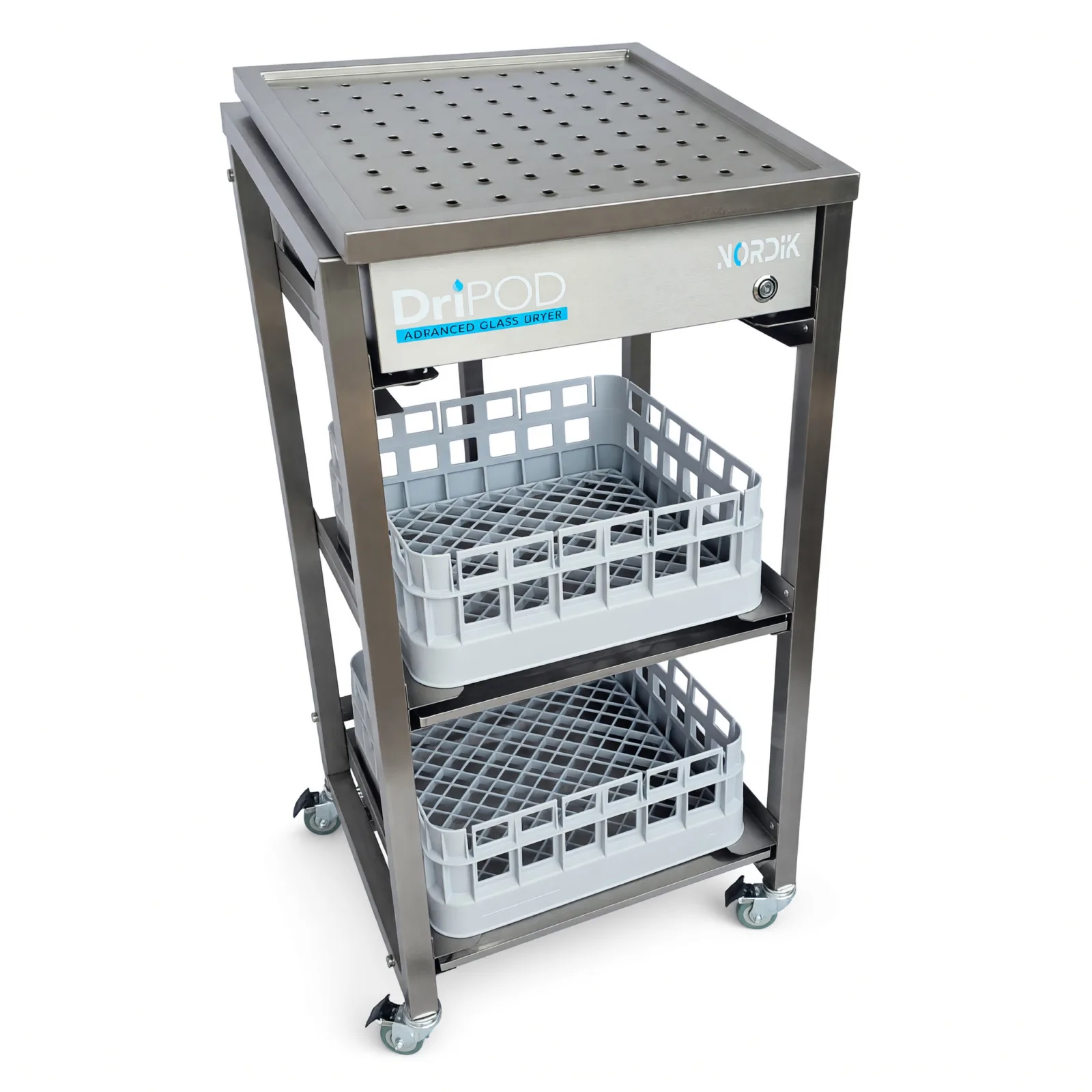 Stainless steel Stand for DriPod 400 Glass Dryer with drip trays and baskets angled right image