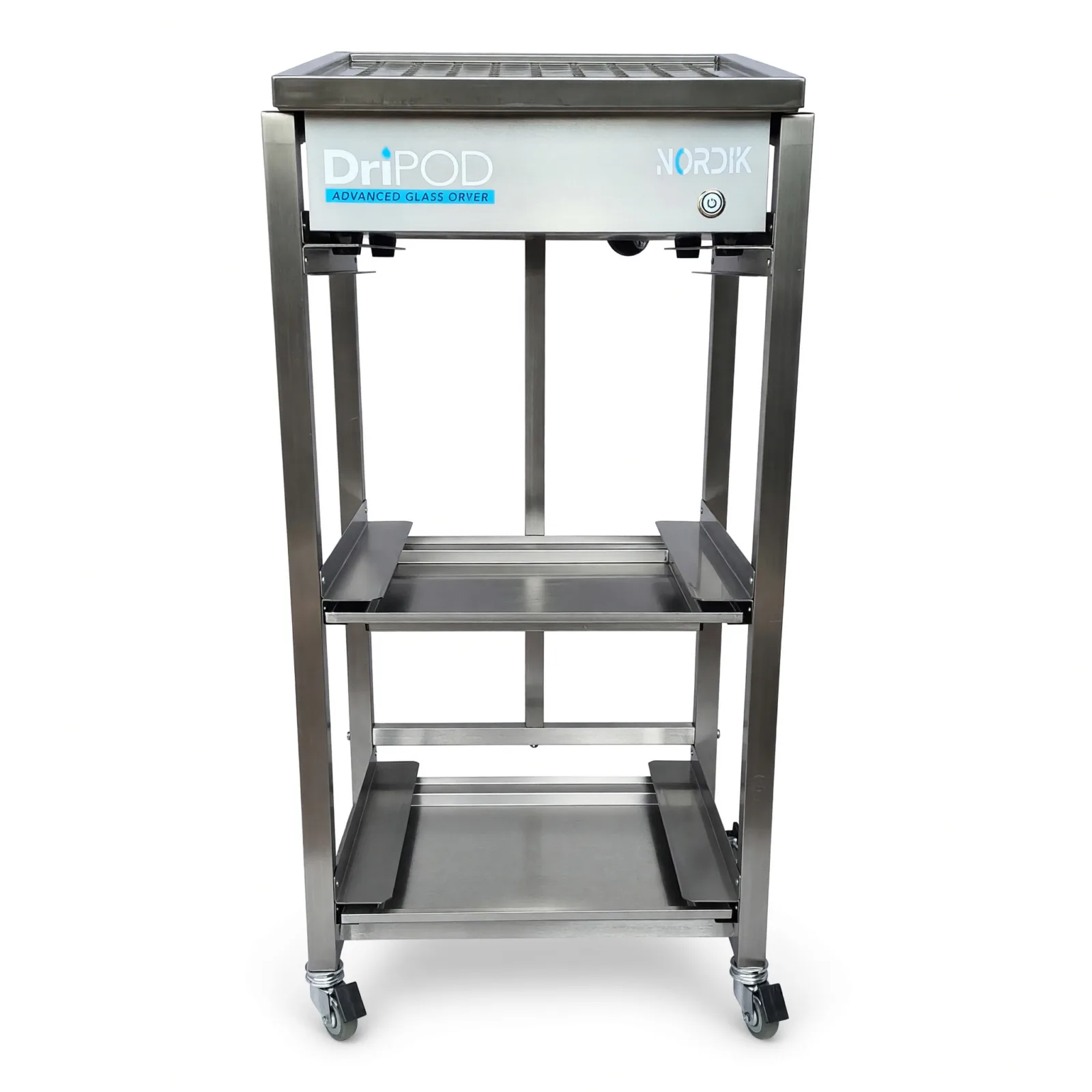 Stainless steel Stand for DriPod 400 Glass Dryer with drip trays front facing image