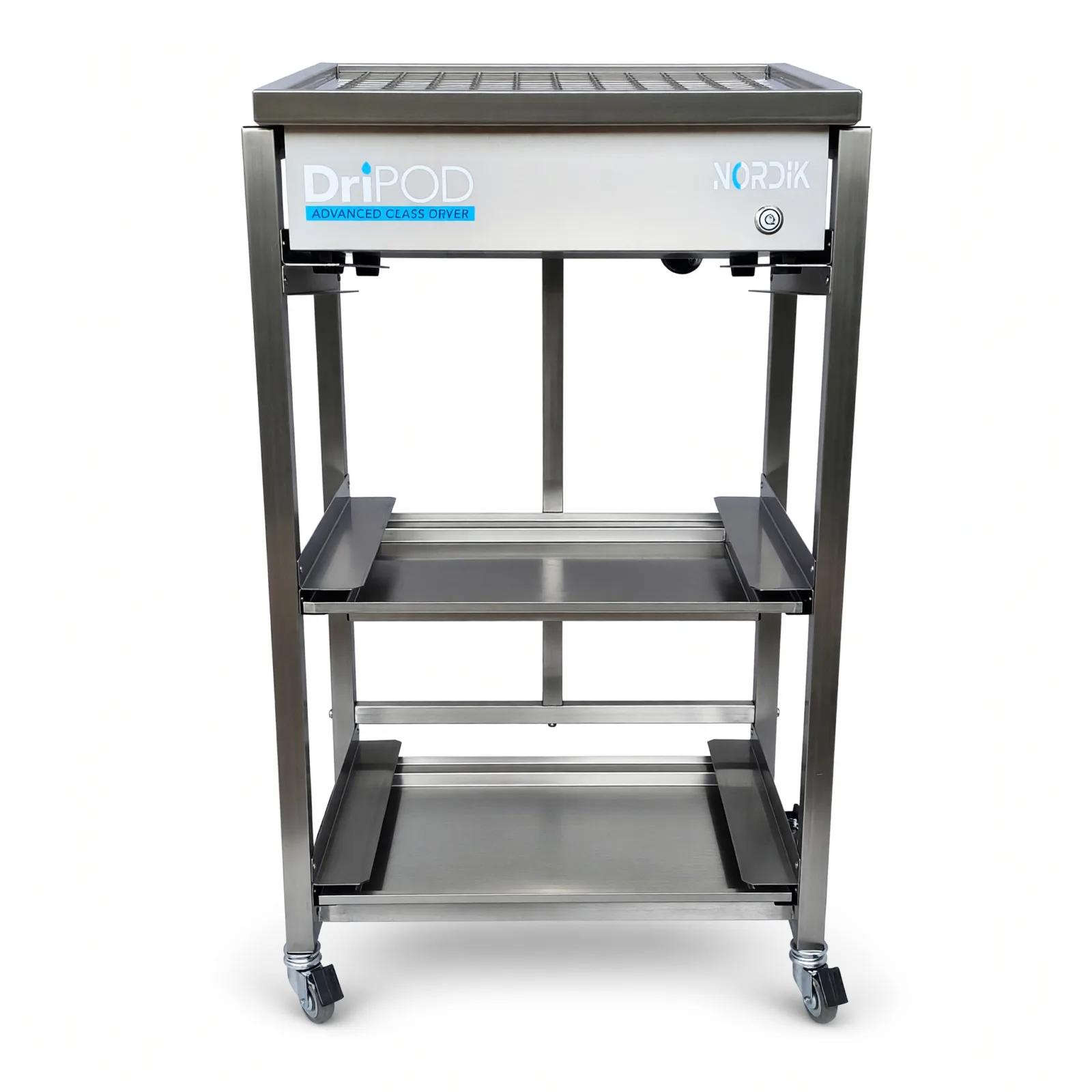Stainless steel Stand for DriPod 500 Glass Dryer with drip trays front facing image