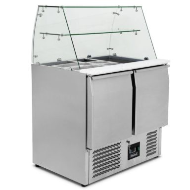 Double Hinged Door Refrigerated Prep Counter With Glass Canopy