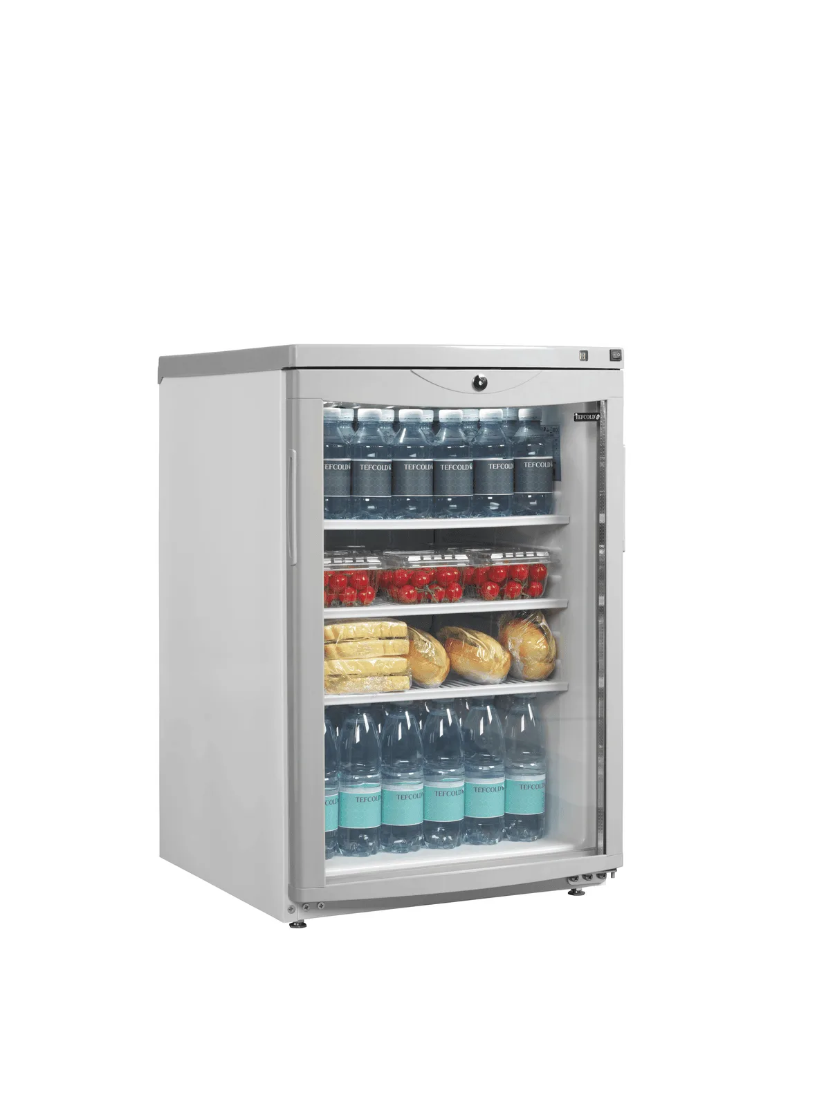 Tefcold BC85 glass door merchandiser fully loaded angled image