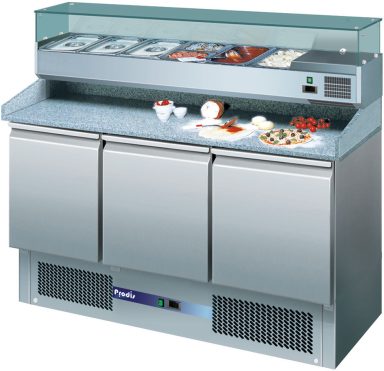 Prodis EC-3PIZZA-LE Low Energy Ventilated 3 Door Granite Top Pizza Prep Table With 6 x 1/4GN Topping Unit