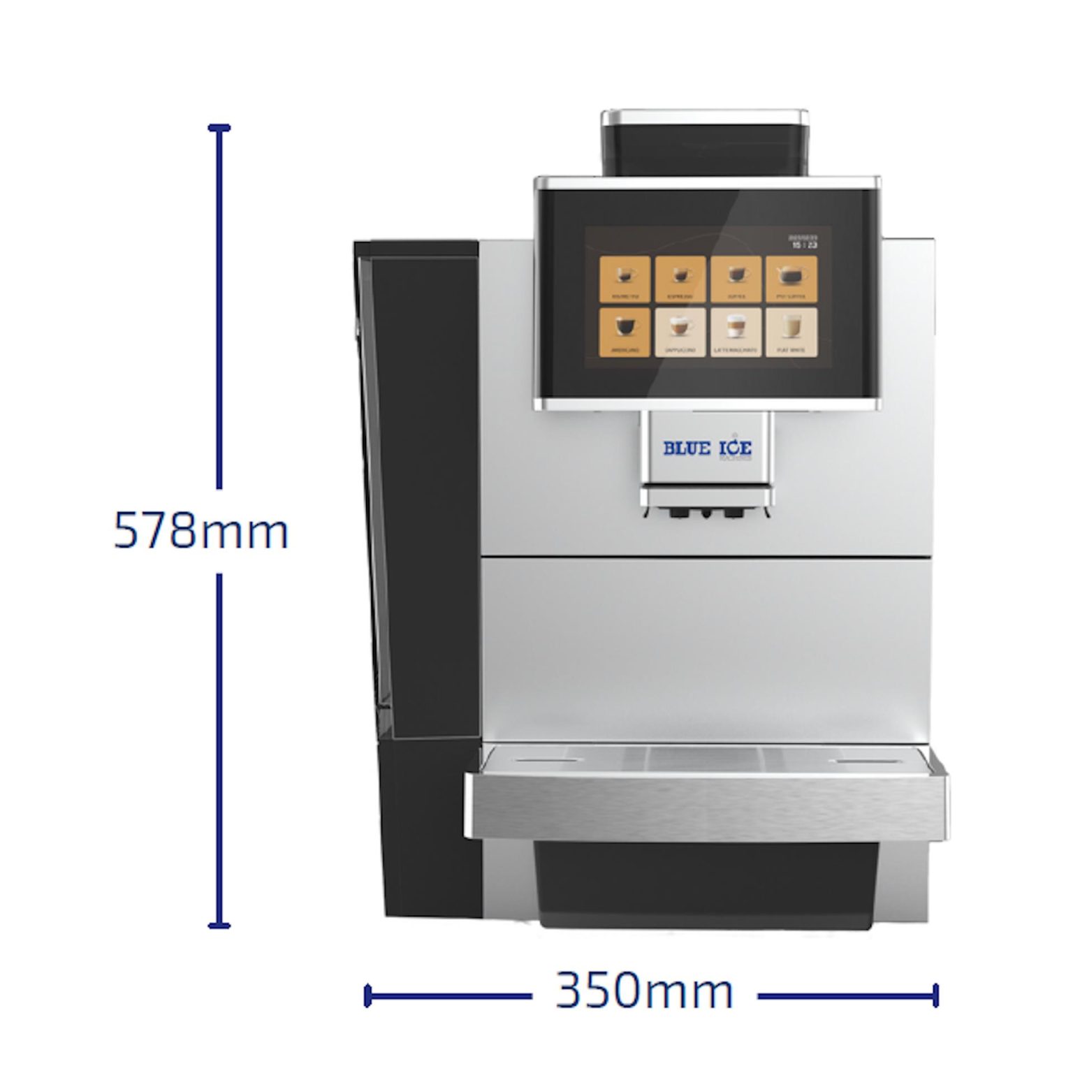 Blue Ice Azzurri Grand N coffee machine front facing with dimensions image