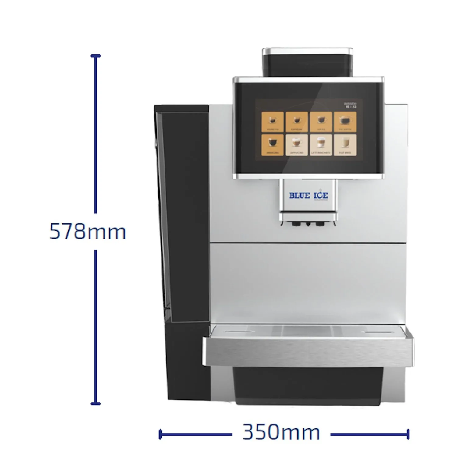 Blue Ice Azzurri Grand N coffee machine front facing with dimensions image