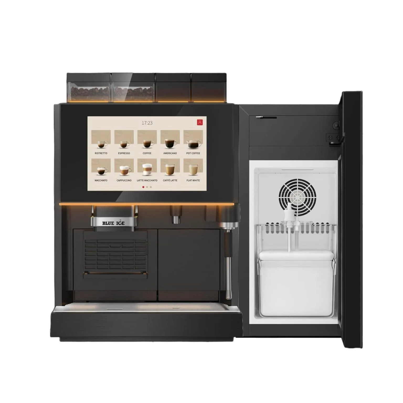 Blue Ice Azzuri Premium Pro coffee machine front facing with fridge door open image
