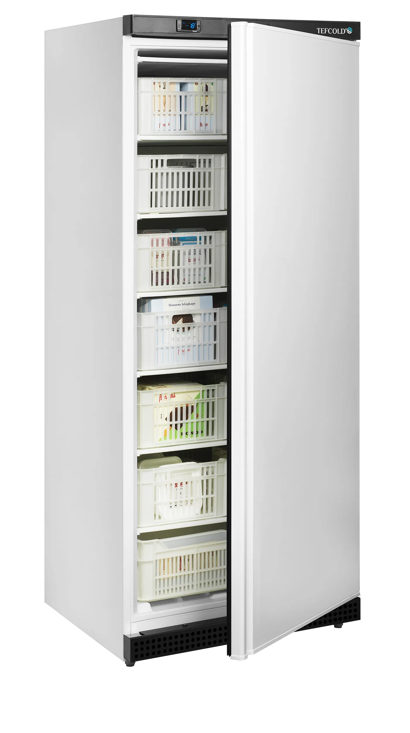 Tefcold UF600 with Baskets image showing door half open with food in baskets