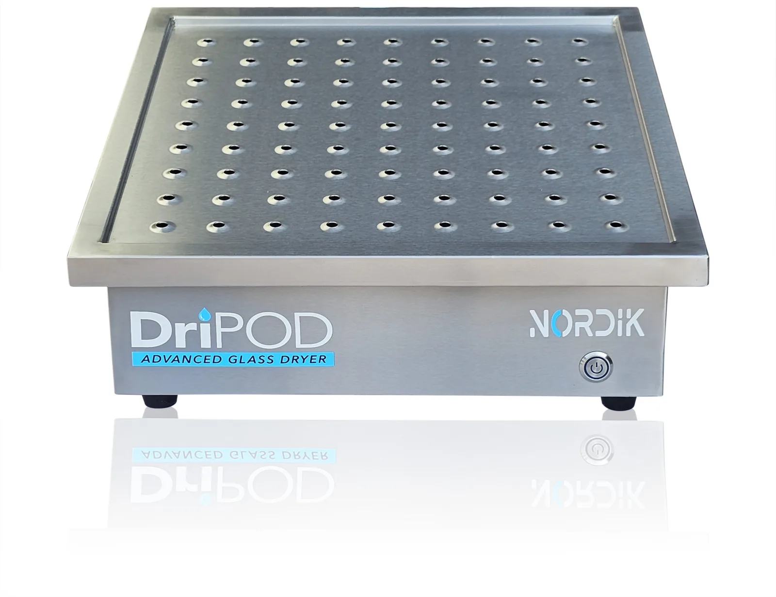 DriPod 400 glass dryer front facing low angle with no basket cropped image with reflection